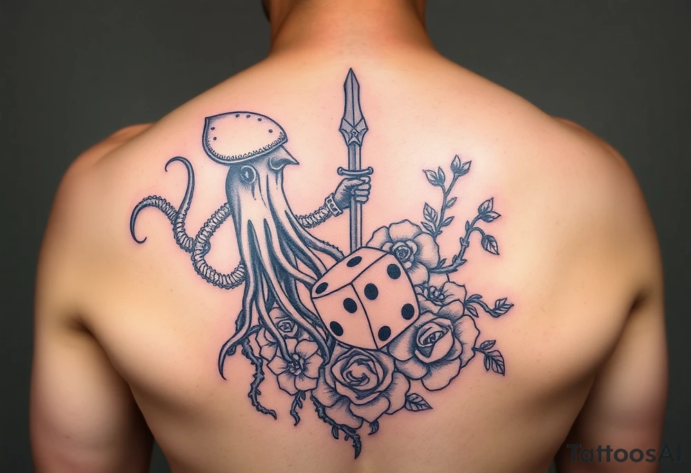 squid and knight combined with tree roots, cherry blossoms and roses rolling dice tattoo idea