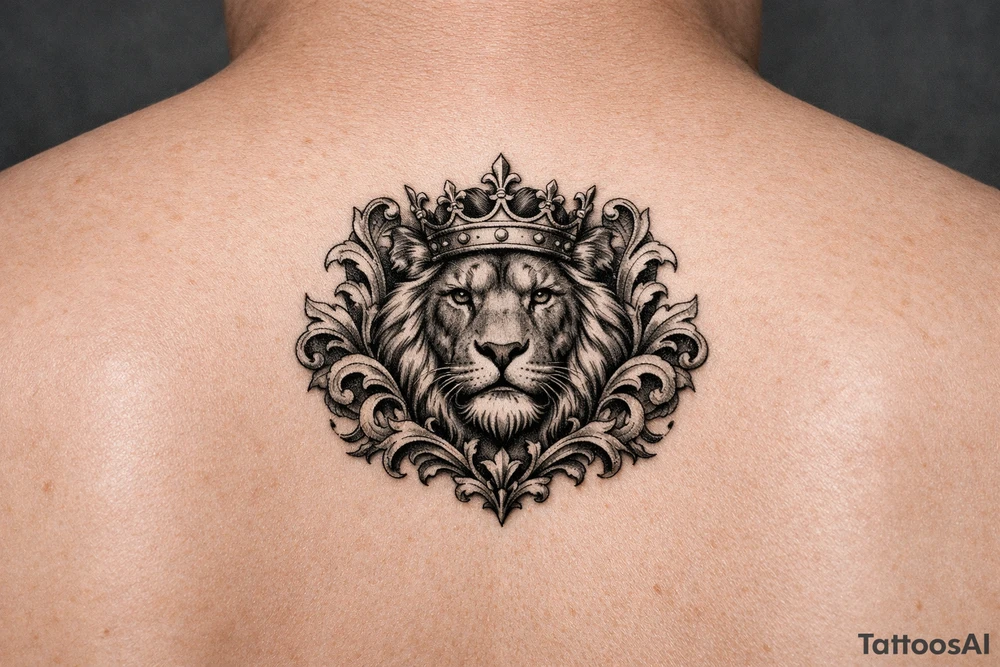 powerful majestic lion with a crown, framed by ornate floral scrollwork tattoo idea