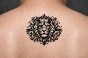 powerful majestic lion with a crown, framed by ornate floral scrollwork tattoo idea