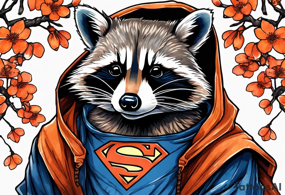 raccoon wearing a Superman hoodie with orange Japanese cherry blossoms tattoo idea