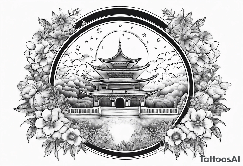 heaven town with arch
 in circle vignette surrounded by clouds flowers stars tattoo idea