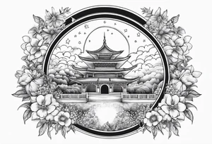 heaven town with arch
 in circle vignette surrounded by clouds flowers stars tattoo idea