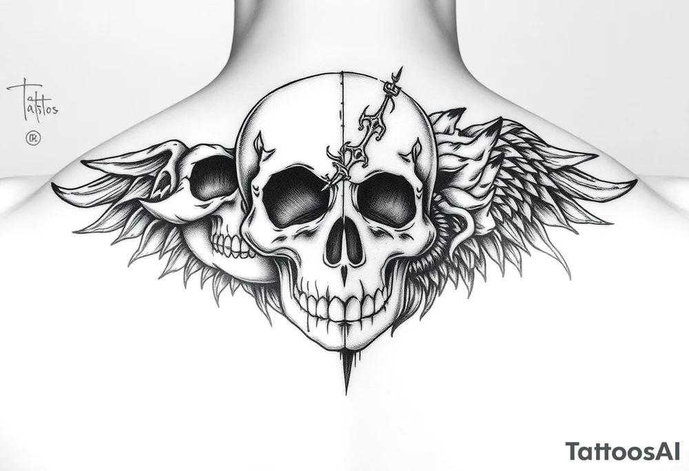 Diseño dividido: mitad rostro humano, mitad calavera, o mitad animal. tattoo idea