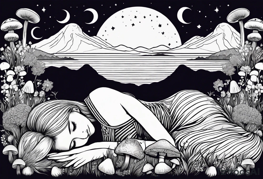 Straight blonde hair girl in black and white striped dress sleeping in a field of mushrooms with mountains s
and crescent moon mandala background tattoo idea