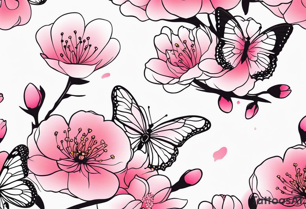Vibrant, pink plum blossom flowers with butterflies tattoo idea
