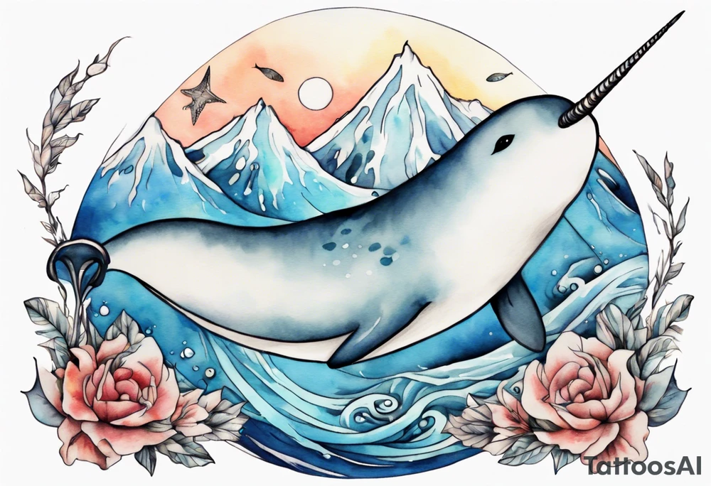 a narwhal swimming near and iceberg tattoo idea