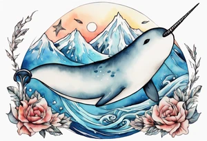 a narwhal swimming near and iceberg tattoo idea
