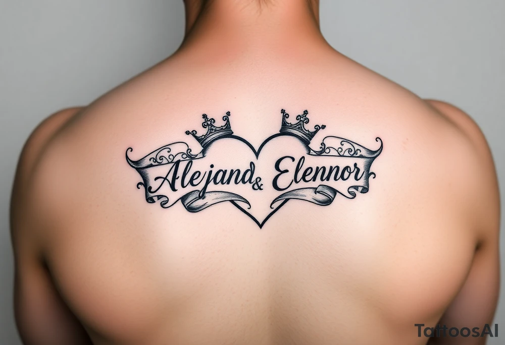 the name Alejandra and Eleanor in a heart with crowns tattoo idea