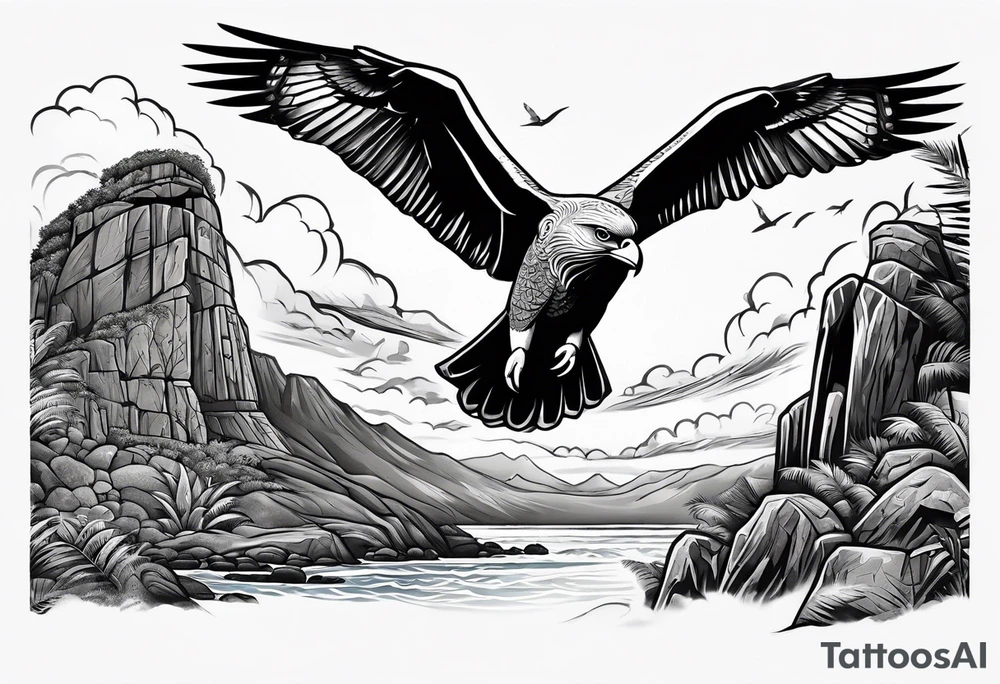 Upper arm piece of Easter island maoi on an island landscape and hawk circling above tattoo idea