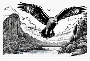 Upper arm piece of Easter island maoi on an island landscape and hawk circling above tattoo idea