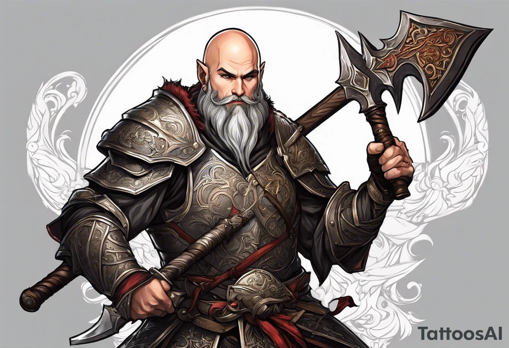 a full-body picture of a 30-year-old, human elf, bearded bald male, paladin, holding a battle axe, tattoo idea