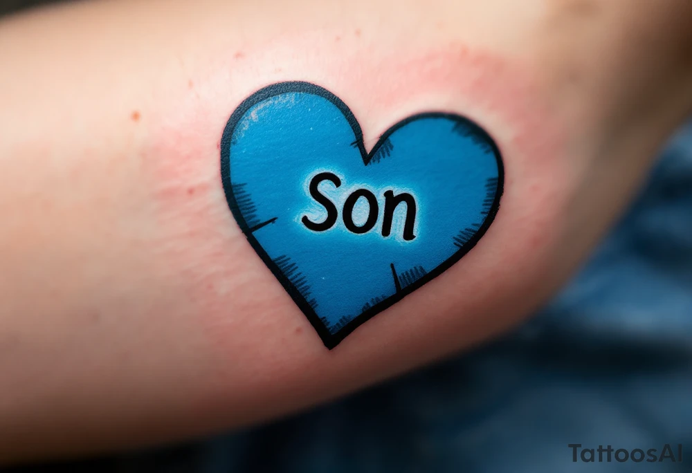 A puzzle piece in bright blue labeled “Son,” fitted perfectly into a black outline of a heart. tattoo idea