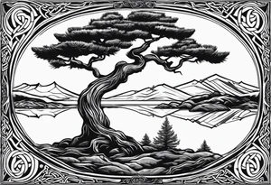 Pine tree and reflecting juniper tree on the oposite sides.  roots of both trees are entangeled in celtic trinity sign tattoo idea