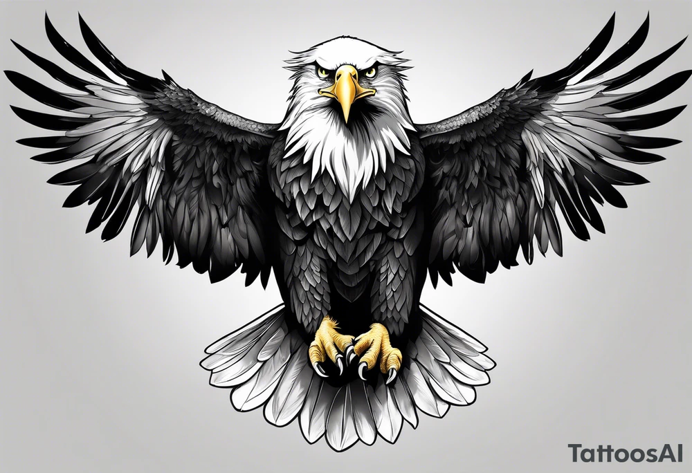 Front view black and white realistic eagle flying tattoo idea