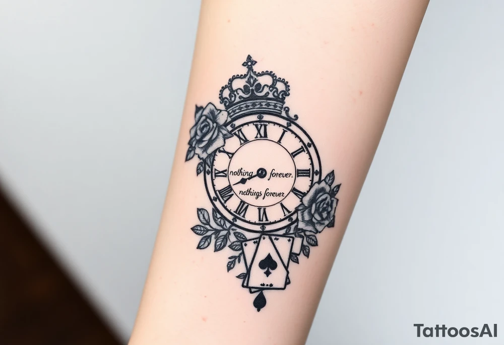 Roman clock with roses and a crown,  a quote that says nothings forever. and on the bottom a deck of cards tattoo idea