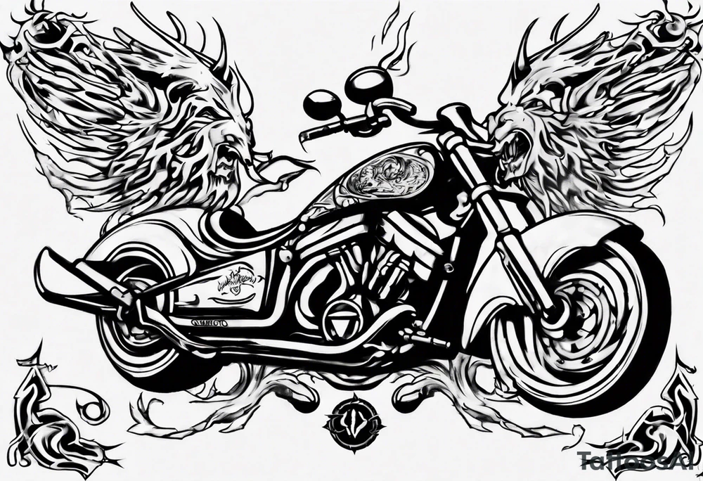 I want a detailed tattoo of a motorcycle surrounded by flames with the company name “Viking Customs” incorporated in the design tattoo idea