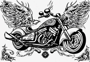 I want a detailed tattoo of a motorcycle surrounded by flames with the company name “Viking Customs” incorporated in the design tattoo idea