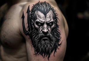 close-up crying poseidon behind a trident tattoo idea