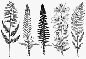 Sword fern, trilium flowers and fushia flowers tattoo idea