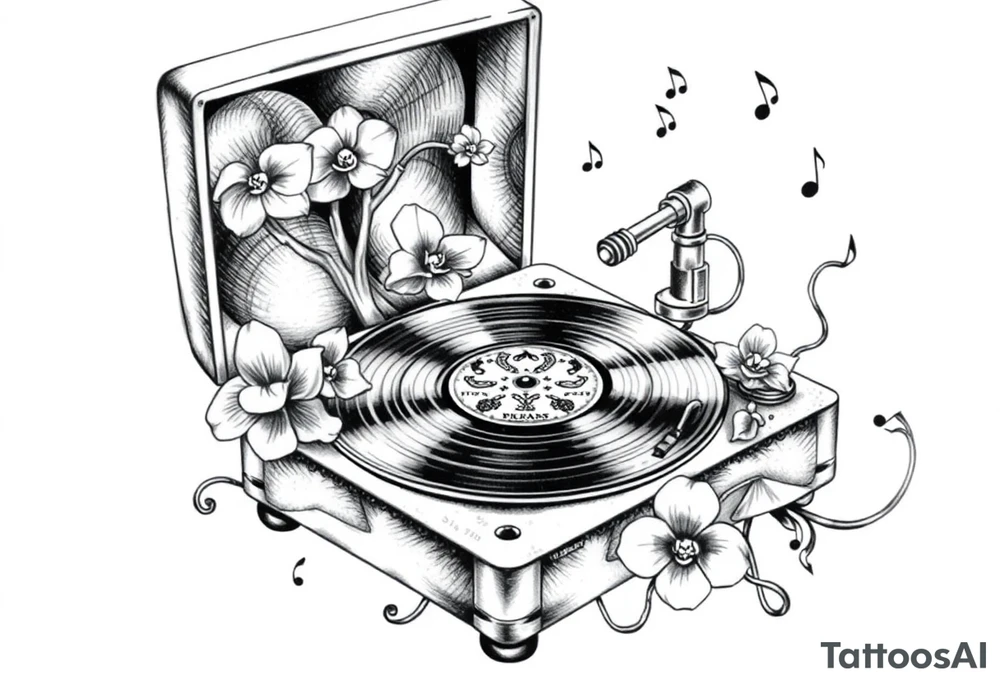 vinyl record player with mushrooms, orchids, and music notes around it tattoo idea