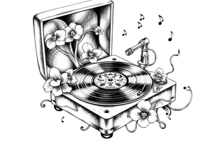 vinyl record player with mushrooms, orchids, and music notes around it tattoo idea