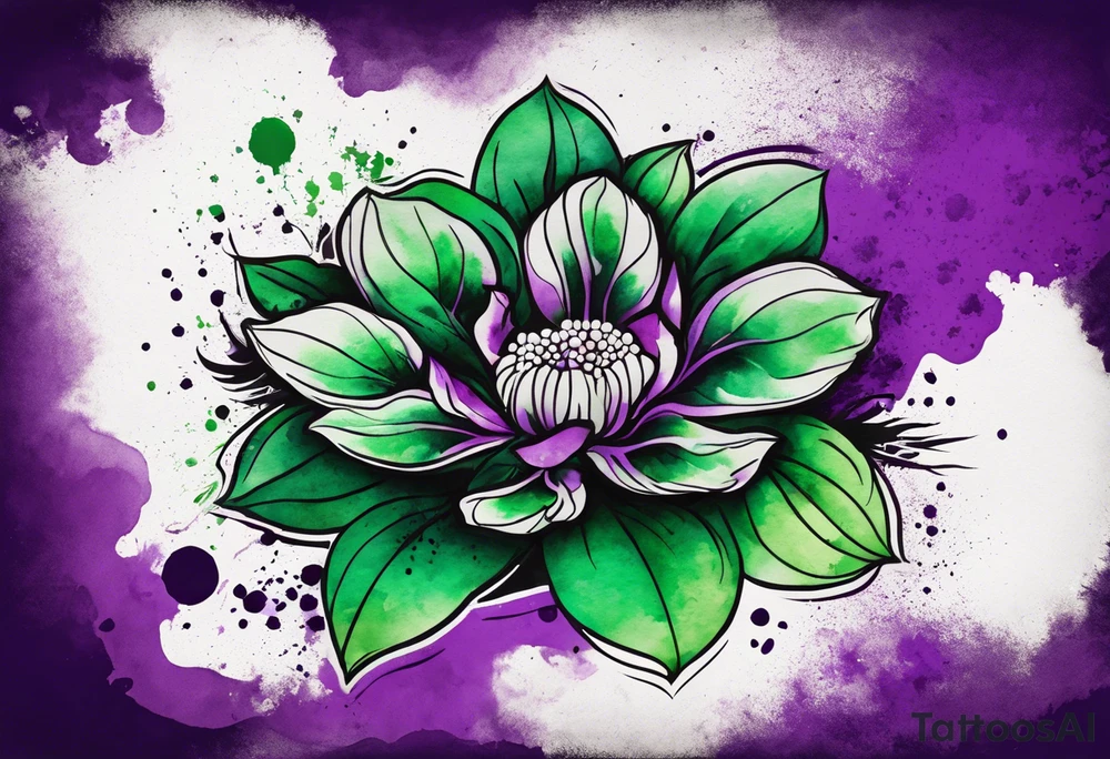 A mystical outline of a green and purple rio dipladenia flower and a green and purple watercolor splash in the background tattoo idea