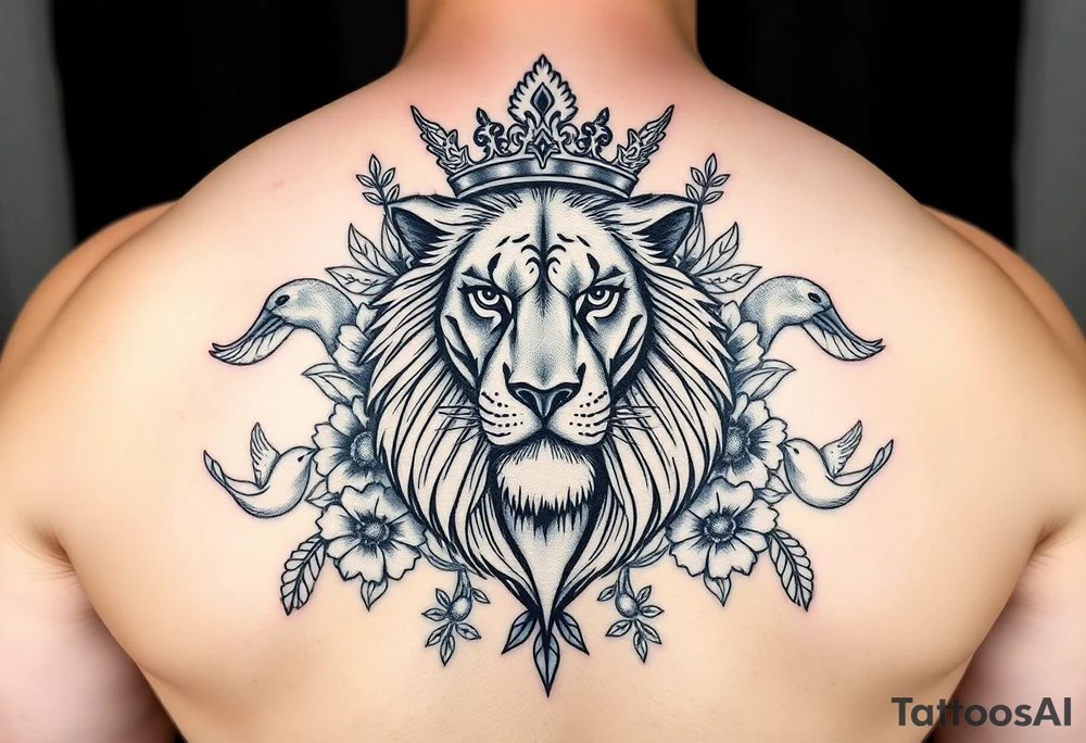 powerful majestic lion with a crown, surrounded by floral ornaments and birds tattoo idea