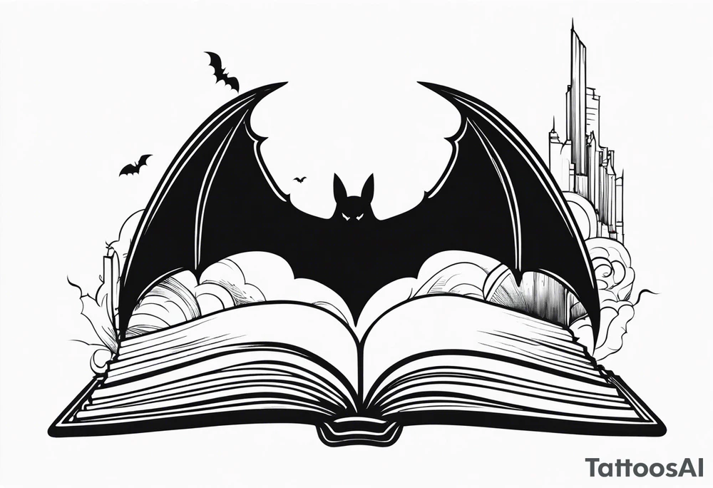 A simple open book with bat wings coming out of it tattoo idea