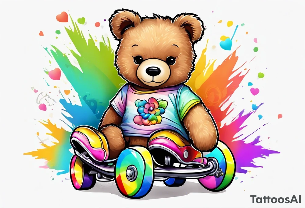 a teddy bear, wearing cute, pastel rainbow roller skates tattoo idea