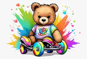 a teddy bear, wearing cute, pastel rainbow roller skates tattoo idea
