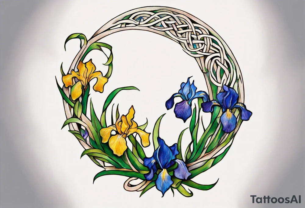 Create a small, colorful Vincent van Gogh Irises tattoo in the form of a crescent, with vines in Celtic knot style gracefully intertwining at a central point in the middle of the wreath. The intended placement is on the upper chest. The middle needs mountains. The overall design should be small in size while maintaining a delicate and artistic aesthetic. Pay attention to the graceful flow of the vines and the placement of the irises to achieve a refined and elegant look. tattoo idea