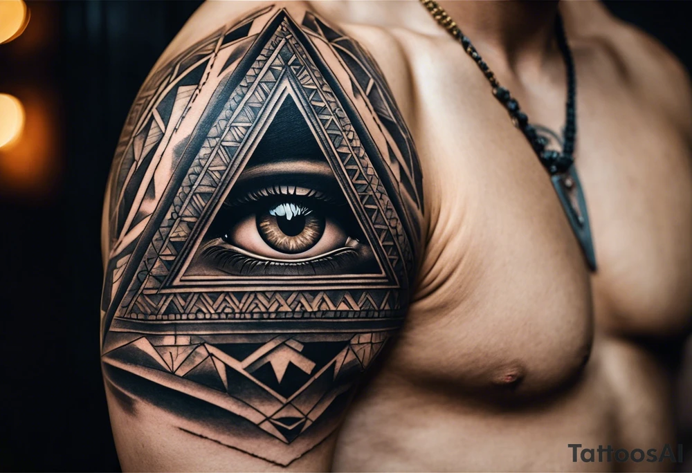 A full tattoo sleeve designed with a bold and masculine aesthetic, featuring a striking centerpiece of a detailed eye inside an equilateral triangle, symbolizing the all-seeing eye or third eye. The eye is intricately rendered to convey depth and insight, while the equilateral triangle, with its perfectly balanced angles, enhances the symbolism of enlightenment and perception. Surrounding this central motif, incorporate roses and leaves, depicted with strong lines and rich detail. The roses symbolize beauty and resilience, while the leaves add a touch of natural elegance. These floral elements are integrated into an ordered geometric pattern that complements and frames the eye and triangle. The geometric patterns, characterized by clean, precise lines, create a structured contrast with the organic shapes of the roses and leaves. The design features deep shading and strong contrasts to highlight the details and create a powerful, masculine look. The overall effect is a harmonious blend of symbolic and aesthetic elements, resulting in a compelling and balanced tattoo sleeve. tattoo idea