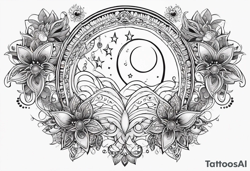 Feminine alien Sun and moon. Freeform rectangular sternum swirls with dots and stars tattoo idea