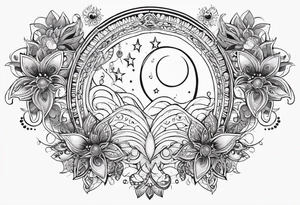 Feminine alien Sun and moon. Freeform rectangular sternum swirls with dots and stars tattoo idea