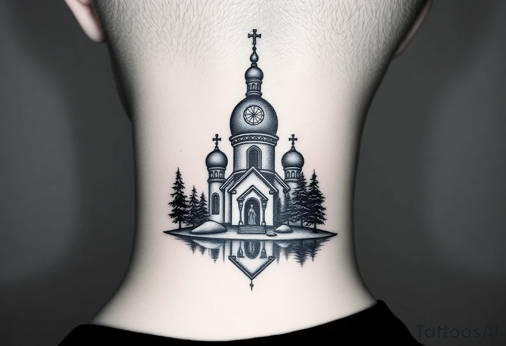 medium sized russian orthodox dome church with a separated virgin mary praying beside a lake and pine trees on the sized of my neck tattoo idea
