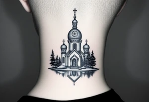 medium sized russian orthodox dome church with a separated virgin mary praying beside a lake and pine trees on the sized of my neck tattoo idea