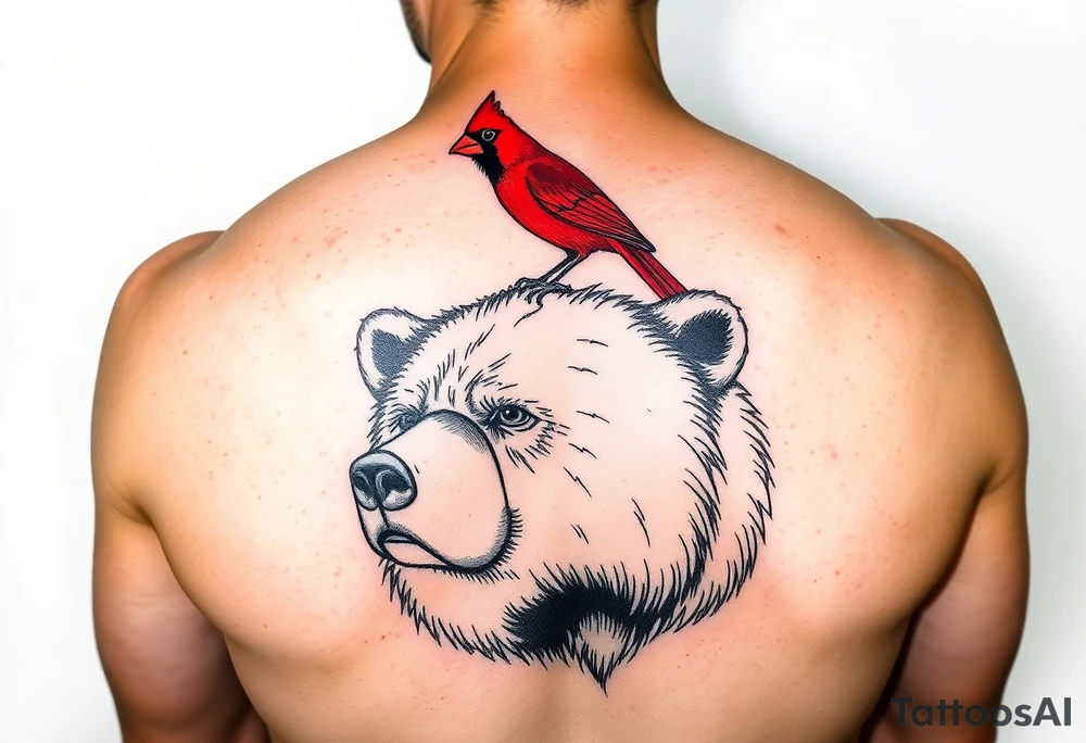Realistic bright red cardinal perched on a large bear tattoo idea