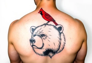 Realistic bright red cardinal perched on a large bear tattoo idea