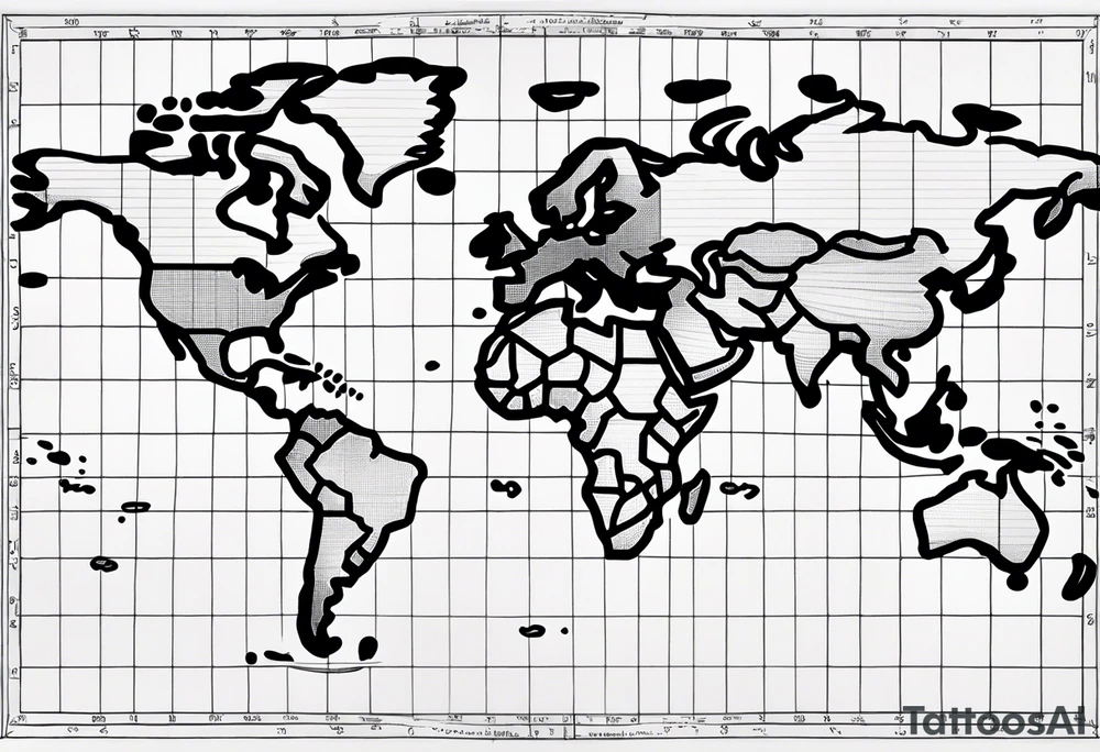 the earth on a flat map with light fading shading placed on a grid with only the lines with accurate depictions of the borders in countries while having it in an oval/circular position tattoo idea