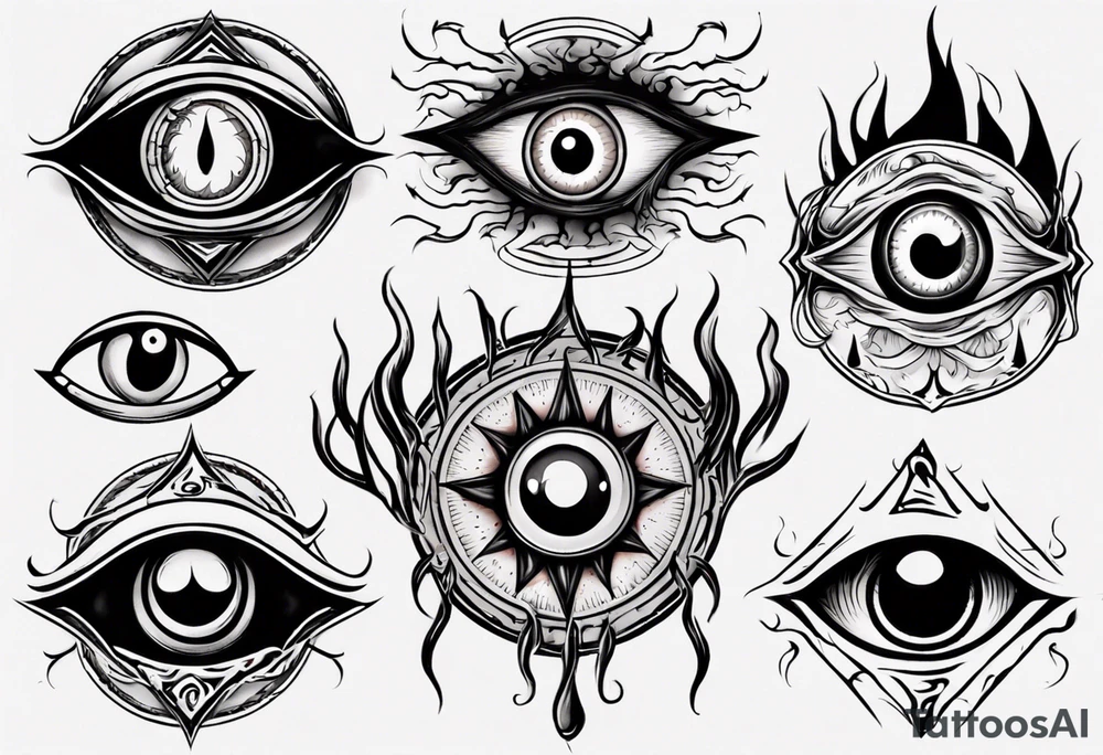 Creepy eye with flames tattoo idea