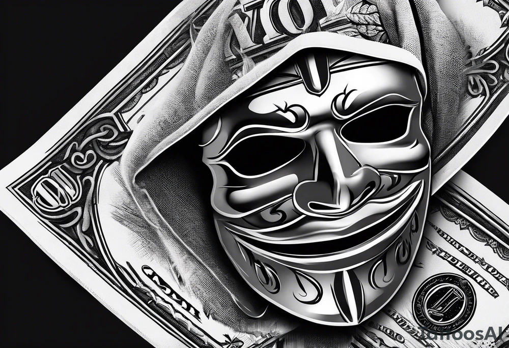 Ski mask biting a handful of money tattoo idea