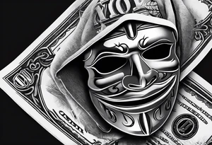 Ski mask biting a handful of money tattoo idea