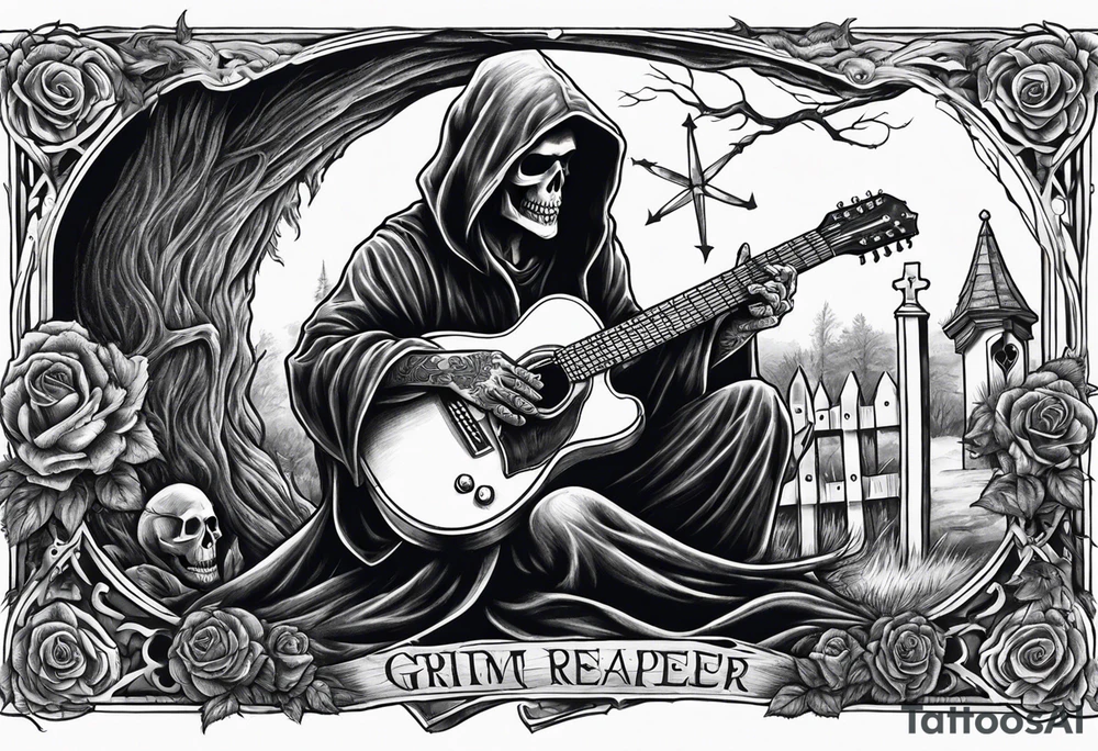 Grim Reaper playing guitar in a graveyard tattoo idea