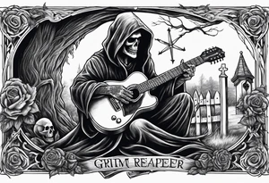 Grim Reaper playing guitar in a graveyard tattoo idea