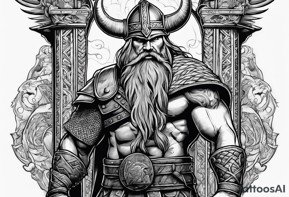 The Viking is standing in front of the staircase that leads to the gate to the valhalla. tattoo idea