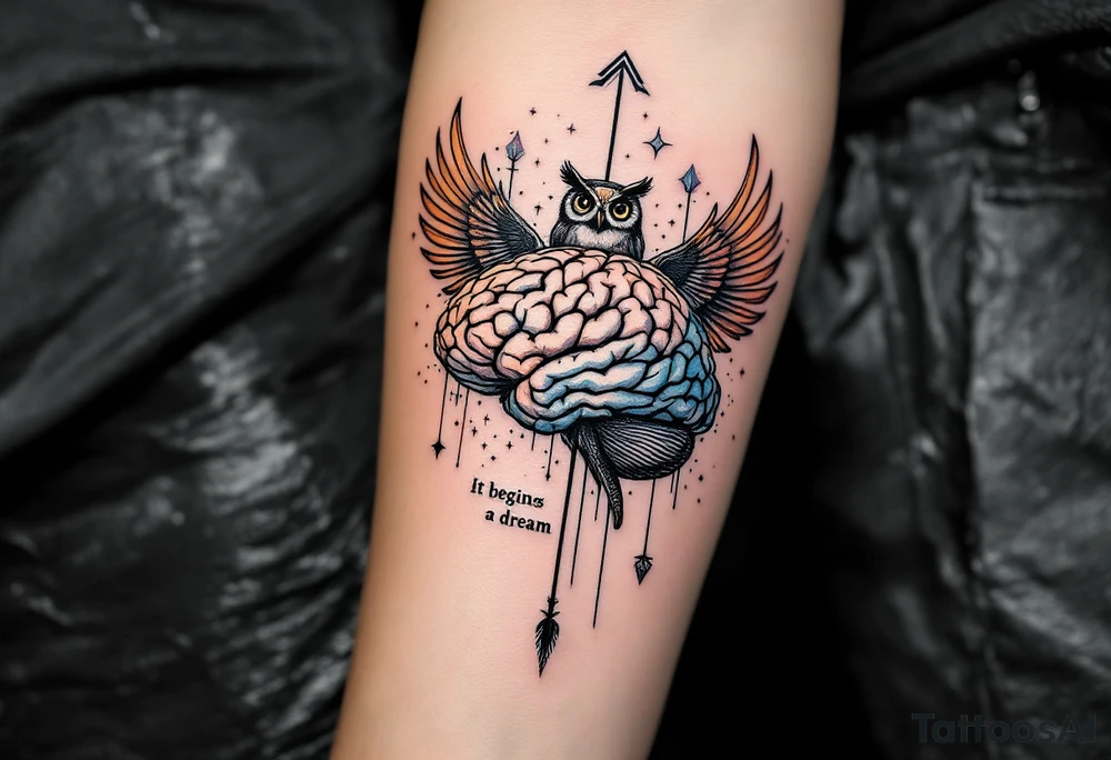 A brain in geometric and straight lines, with few watercolor details but mostly black, symbols representing intelligence, creativity and dreaming flying arround, the phrase "It begins with a dream", vertical owl wings behind and delicate, and an arrow crossing from above with watercolors leaking from it tattoo idea