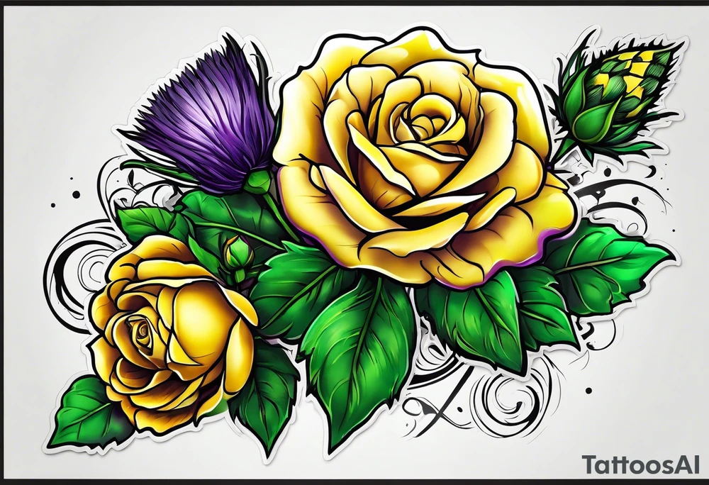 Yellow rose, purple thistle, and green shamrock with lettering KND tattoo idea