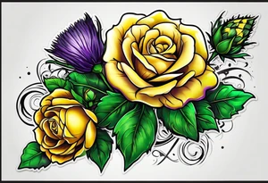 Yellow rose, purple thistle, and green shamrock with lettering KND tattoo idea