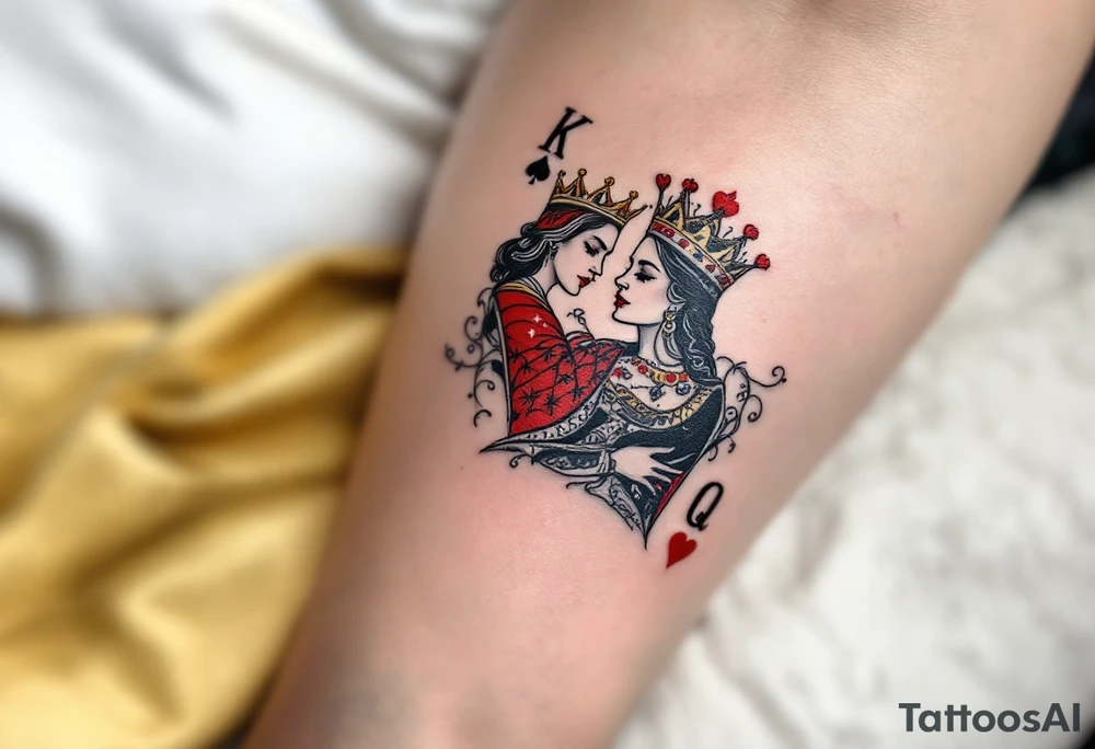 Two playing card symbols—King of Spades and Queen of Hearts—done in black, red, and subtle shading. tattoo idea