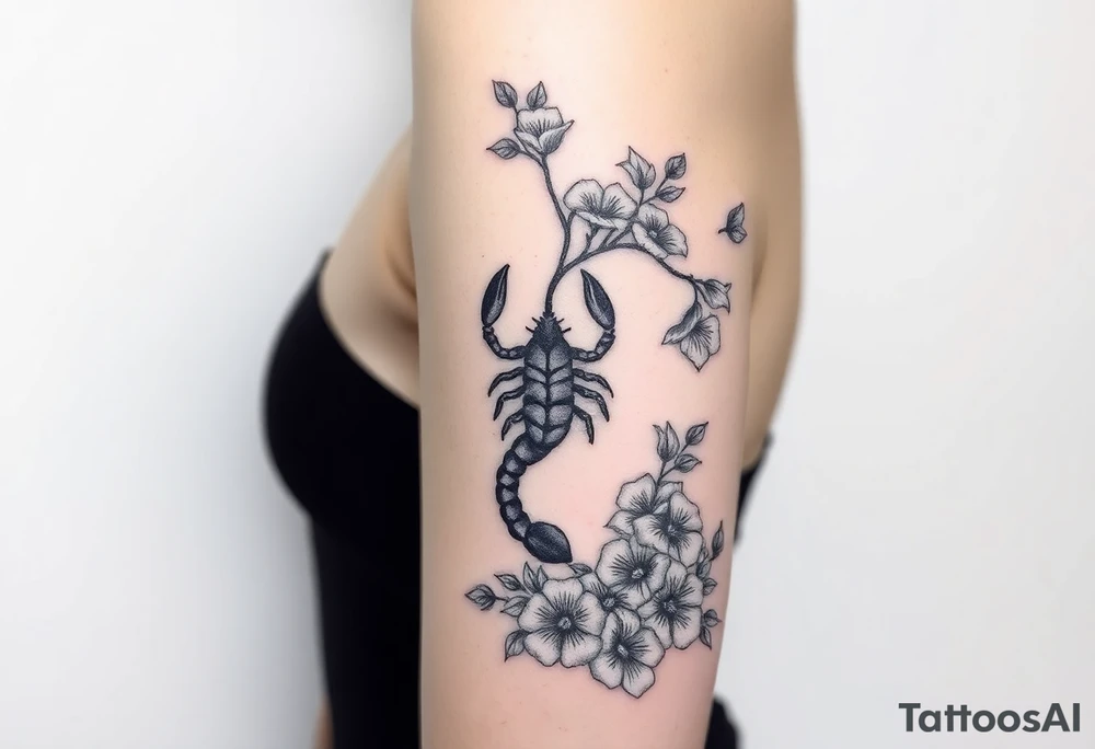 Body of a woman forming a blossoming peach tree with a Scorpio on a branch and morning glories & cosmo flowers underneath tattoo idea